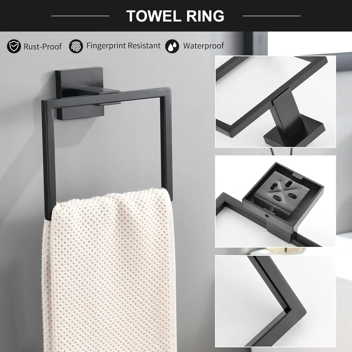 6-Piece Bathroom Set: Matte Black 23.6" Towel Bar, Towel Ring, Coat Hook, Toilet Paper Holder. Stainless Steel. Wall-Mounted.
