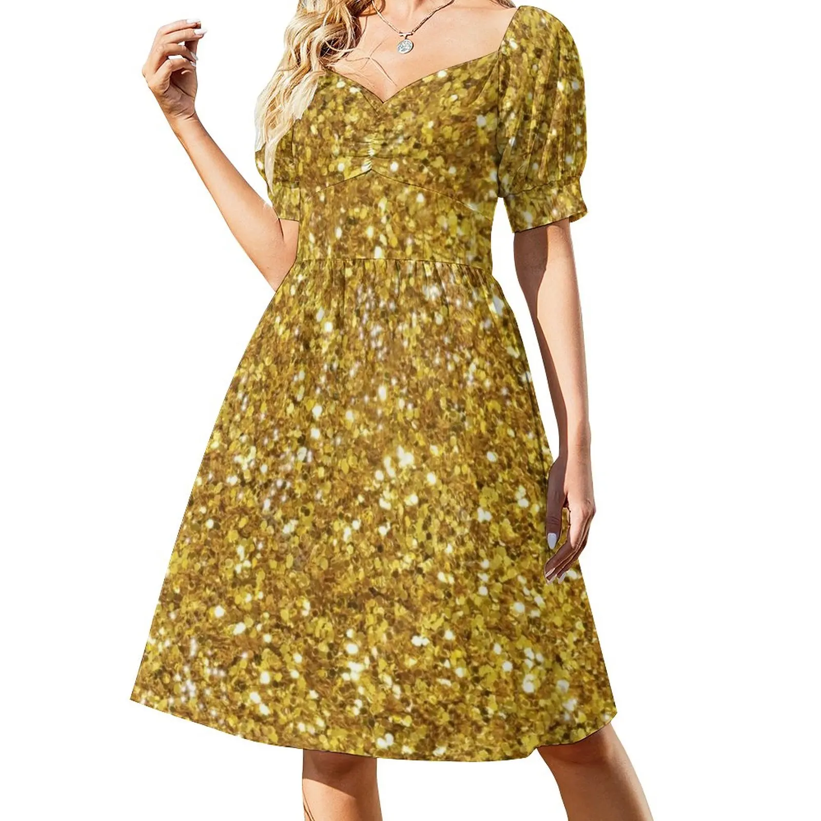 

Gold glittering sparking sequins pattern Sleeveless Dress women's clothing korea stylish clothes