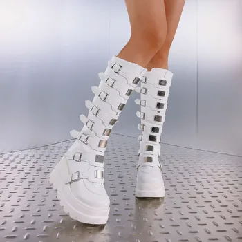 Women's Y2K Goth Knee High Boots Fashion Cosplay Punk Metal Buckle Wedges High Heels Back Zipper Round Toe Platform fall Boots