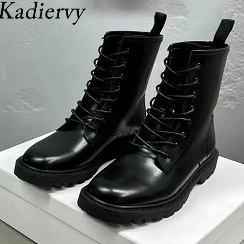 

Genuine Leather Short Boots Woman Lace Up Round Toe Knight Boots Black Beige Silver Flat Shoes Casual Motorcycle Boots Women