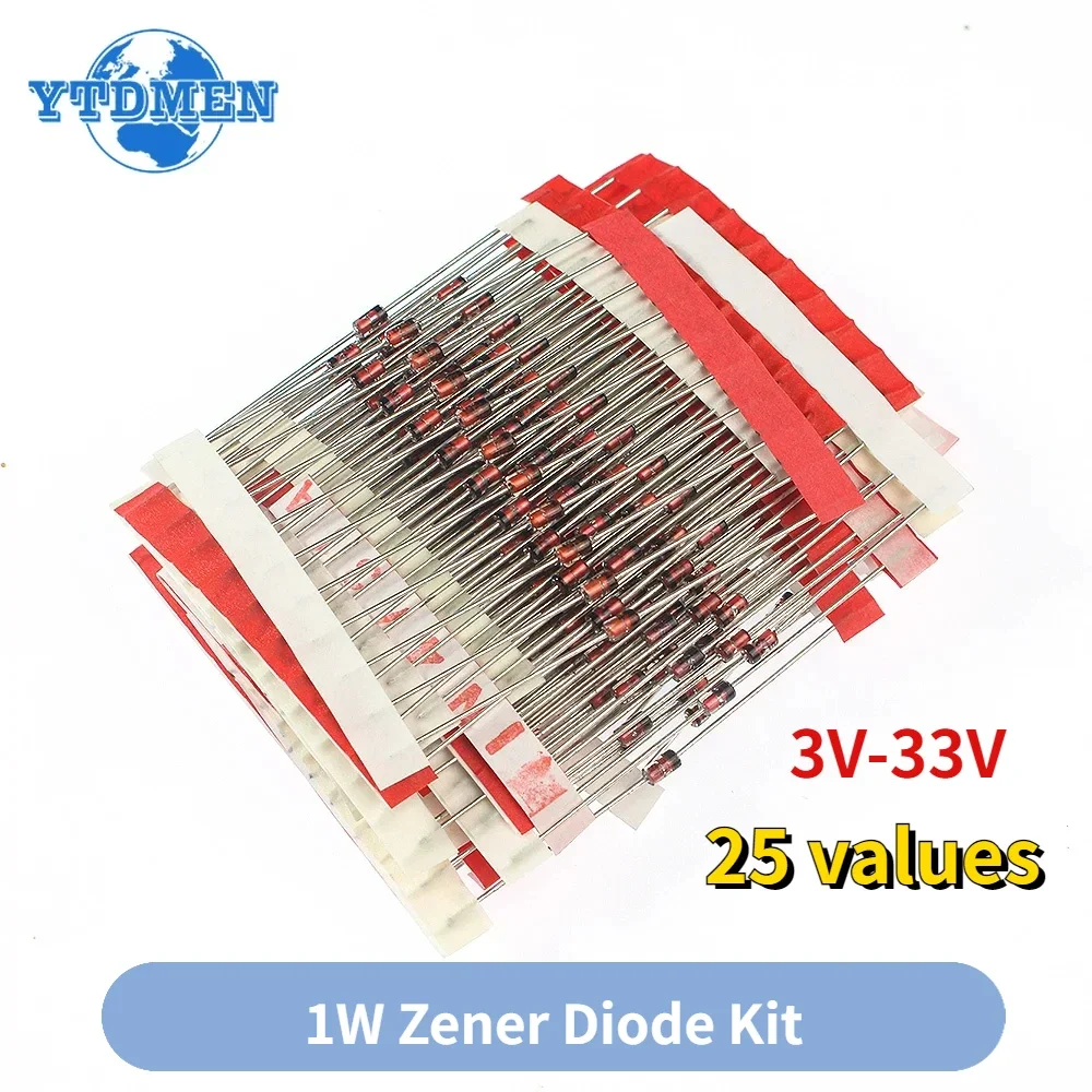 250pcs 1W Zener Diode Kit DO-41 3V-33V Voltage Regulator Diodes 3V 3.3V 3.6V 3.9V 4.3V 4.7V 5.1V 5.6V 6.2V 6.8V 7.5V 10V 20V 33V