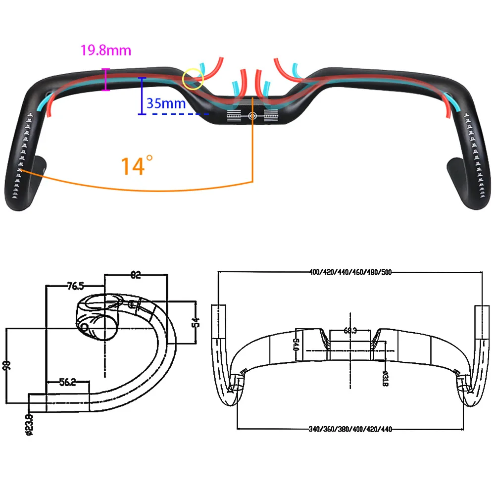 BALUGOE Road Bike Haddlebar Carbon Fiber Large Angle Full Inner Wiring Toe-out Angle 14 Degree Lift Bicycle Accessories
