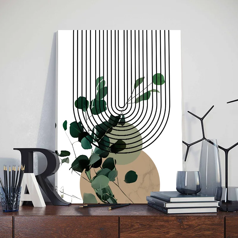 3pcs Bohemian Sage Green Wall Art Canvas Painting with Framed Nordic Abstract Geometric Plant Leaves Posters Bedroom Home Decor