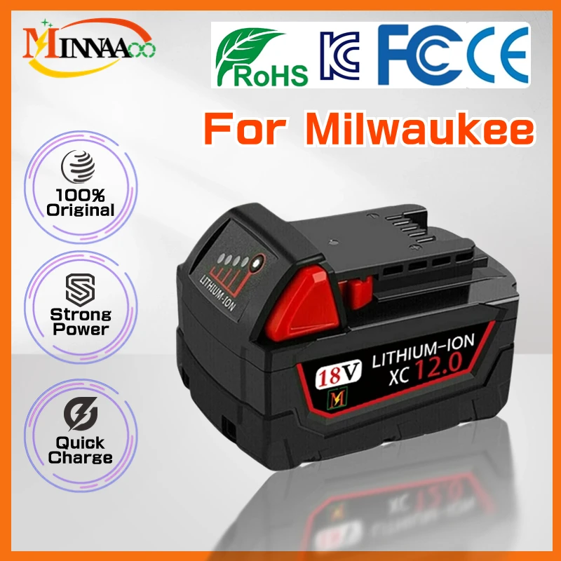 

18V 12.0Ah Replacement for Milwaukee M18 XC Lithium Battery 48-11-1820 48-11-1840 48-11-1850 48-11-1860 Rechargeable Batteries