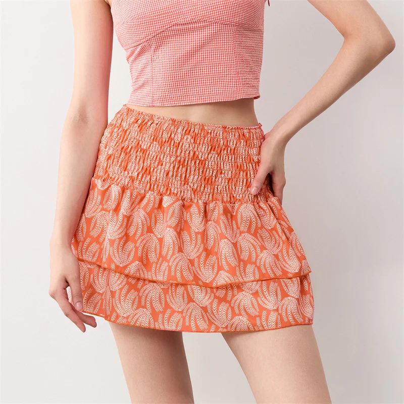Minifalda de verano para mujer, con estampado floral, elástica, de cintura alta, con volantes escalonados, faldas cortas de corte A, faldas para salir, ropa de calle