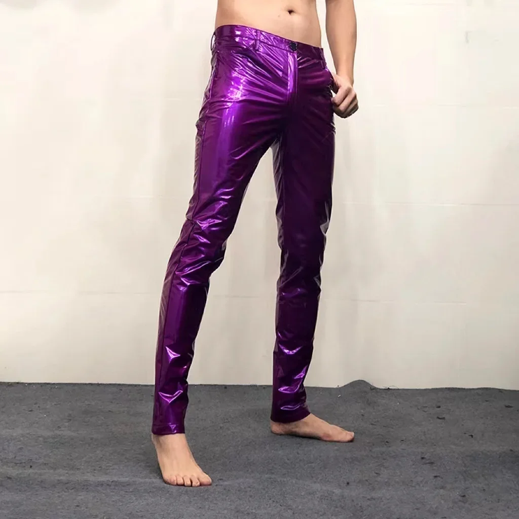 Description Picture 4 of itemShinny Leather Pants Sexy Nightclub Men's DS Costumes Anti-bright PU Pants Purple Tight Stretch Trousers Men Motorcycle Pants