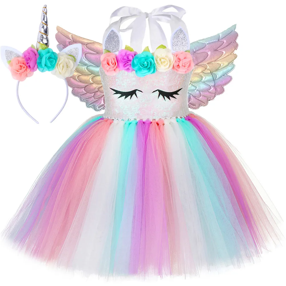 

Girls Unicorn Dress Pastel Sequins Flowers Children Birthday Party Princess Dress Gowns Kids Purim Holiday Halloween Costume Set