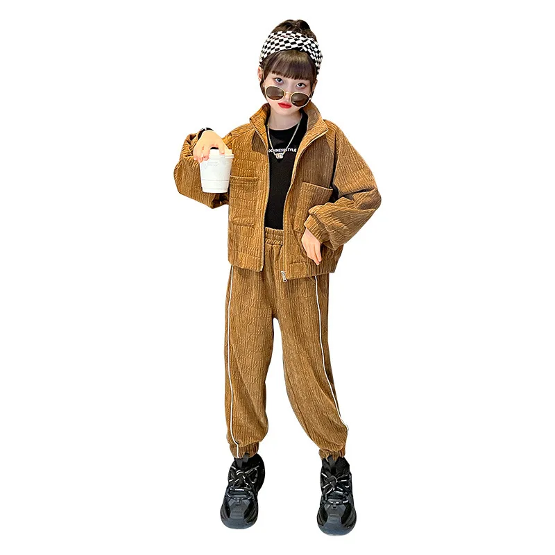 

Girls Fashion Casual Sportswear Suit Corduroy Top + Pant 2pcs Autumn Winter New Children's Clothing Thick Warm Jacket Set 4-14 Y