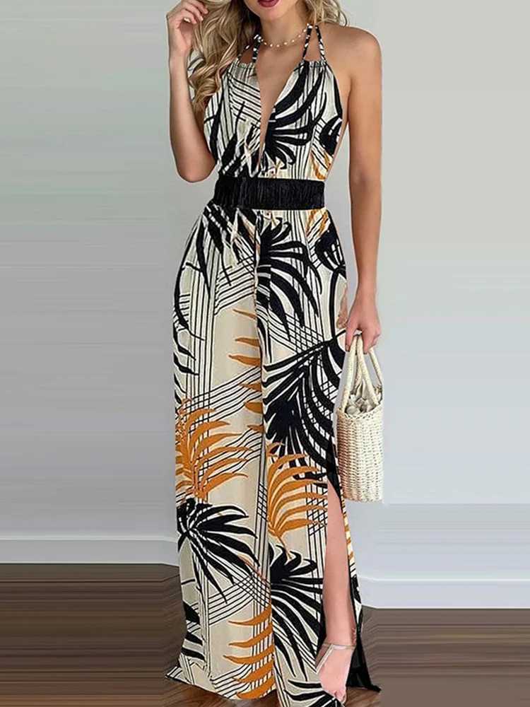 

Tropical Print Slim Waist Sexy Backless Slit Leg Jumpsuits Women Summer Rompers