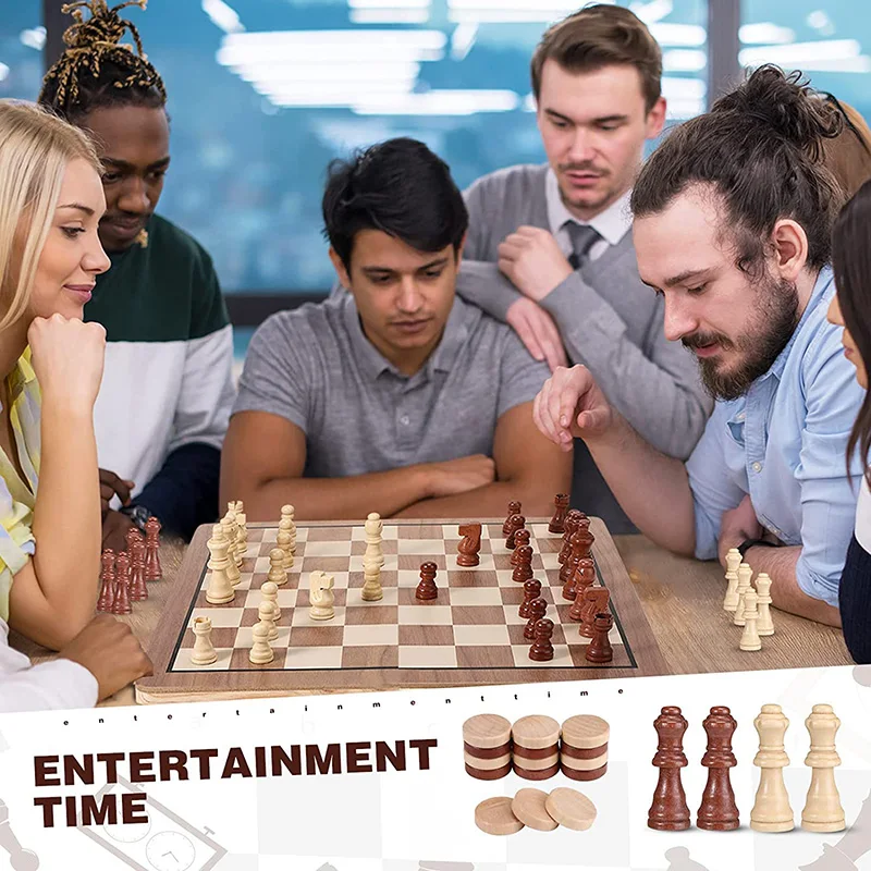 39cm Wooden Chess Checkers Set 2 In 1 Foldable Interior Storage Space Chessboard Extra Queens Home Travel Games Perfect Gifts