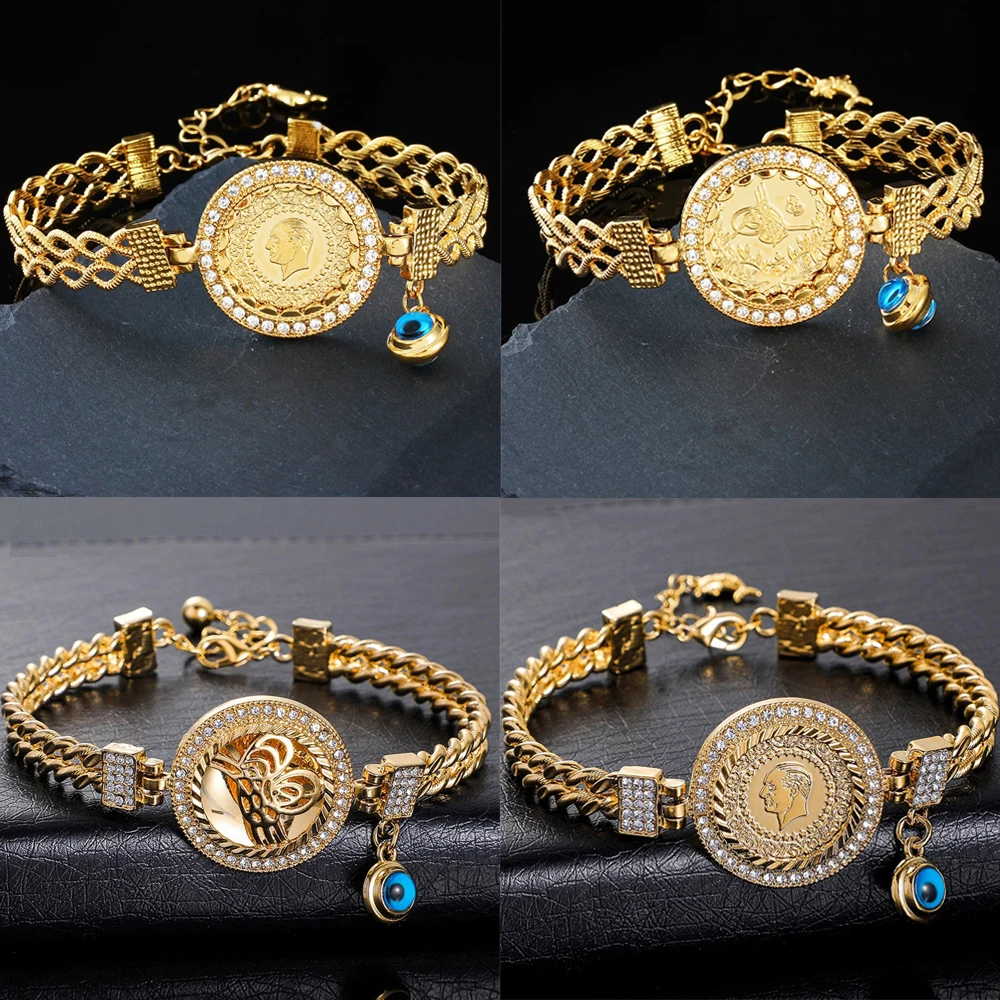 Fashion Crystal Coin Evil Eye Bracelets For Women Luxury 18k Gold Cuban