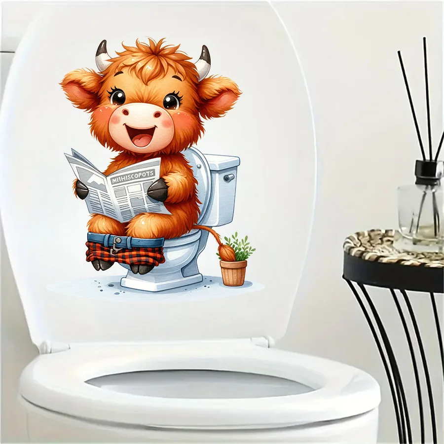 Highland Cow Reading Newspaper Toilet Sticker Toilet Seat Tank Bathroom Wall Glass Sticker Home Decoration Decal