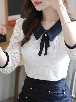 Chemisier en dentelle pour femmes, Style printemps-automne, col Peter Pan, couleur unie, demi-manches, hauts élégants en dentelle, SP8676