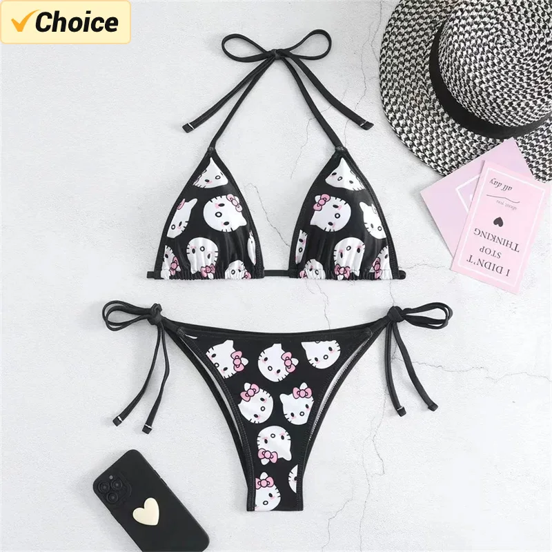 

Kawaii Sanrio Hello Kitty Bikini Set Cute Anime Y2k Swimsuit Panties Side Strappy Soft Summer Beach Sexy Bikini Young Women Gift