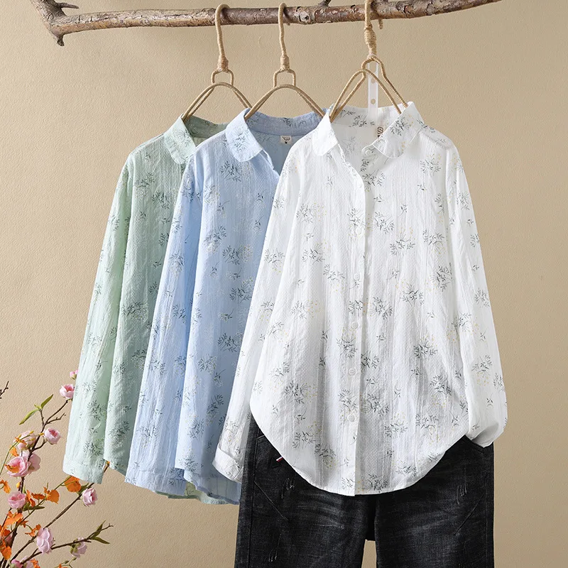 

Literary And Fresh Spring Women'S Pure Cotton Lapel Floral Long Sleeved Loose Single Breasted Comfortable Casual Shirt Top