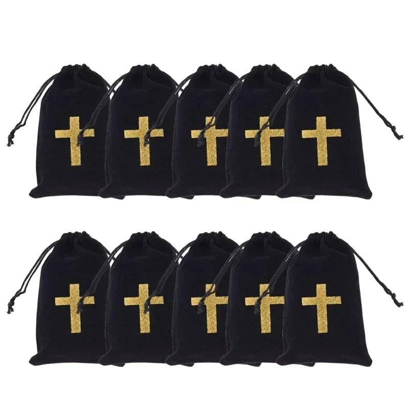 10Pcs Black Cross Pattern Bag with Drawstring Gift Packaging Fabric Pouch for Necklace Earrings Elegant Storage Pouches 3