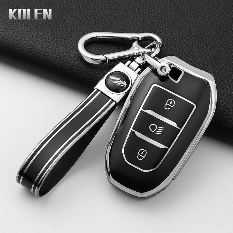 Custodia Portachiavi Auto In Lega Di Alluminio E Pelle – Compatibile Con Peugeot E Citroen (Modelli 3 Tasti, Keyless Go) – Colore Nero, Con Fibbia Metallica E Portachiavi Incluso