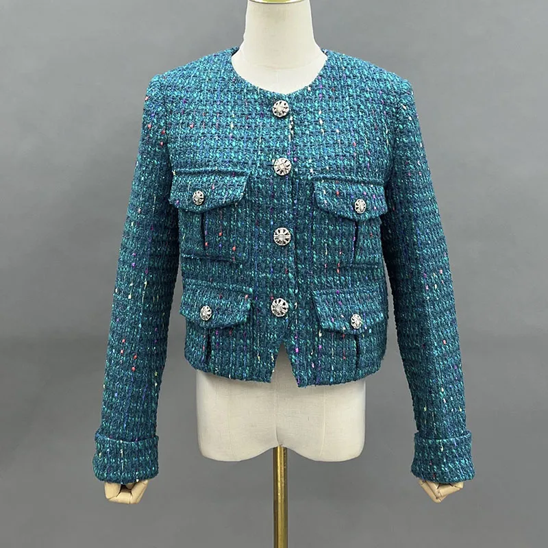 JANEFUR Women Tweed Short Coat 2024  Spring Elegant O Neck Cropped Jacket Female Luxury Korean Fashion Outwear