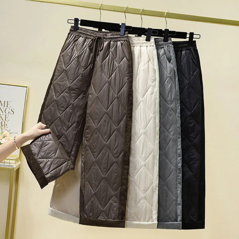 

Винтажные брюки с узором ромбиками, повседневные пуховые брюки с эластичной талией, женские зимние мешковатые брюки с карманами, утепленные теплые брюки, широкие брюки