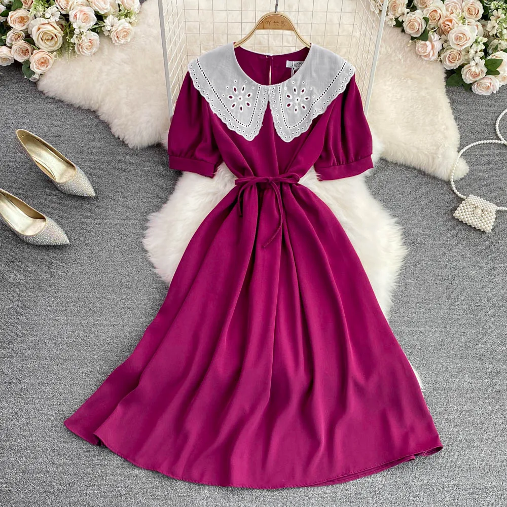 

2022 New Summer Women Fashion Patchwork Peter pan Collar Short Sleeve Bandage Slim Dress Big Hem Elegant Dress