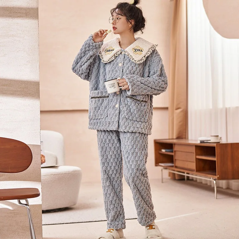 2024 New Coral Fleece Pajamas Women Autumn Winter Nightgown Thickened Warm Sleepwear Simple Girls Polo Collar Home Clothing Set