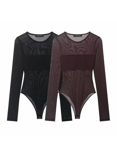 Women Sexy Mesh See Through Bodysuit Women Long Sleeve Sheer Bodysuits O Neck Bodycon Jumpsuit Female Romper