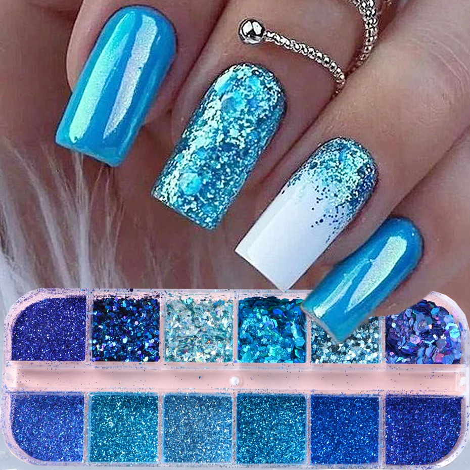 네일 참 디핑 파우더 불규칙 플레이크 스팽글 블루 파우더, 반짝이 아트 장식, 매니큐어 액세서리, 12 그리드