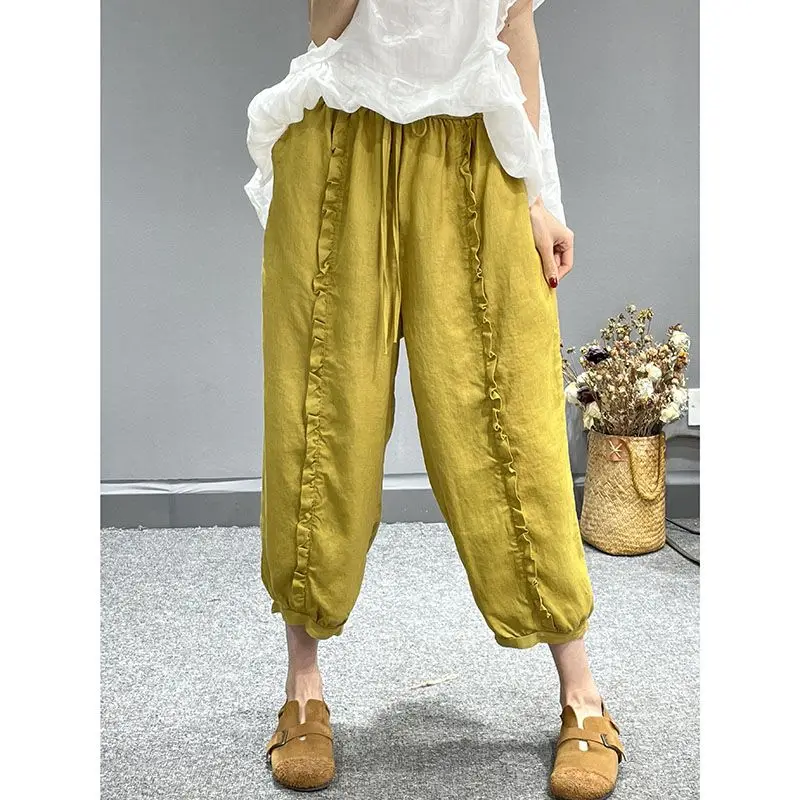 

Cotton Linen Solid Color Trousers Vintage High Waist Stringy Selvedge Loose Spring Summer Womens Casual Seven Points Harem Pants