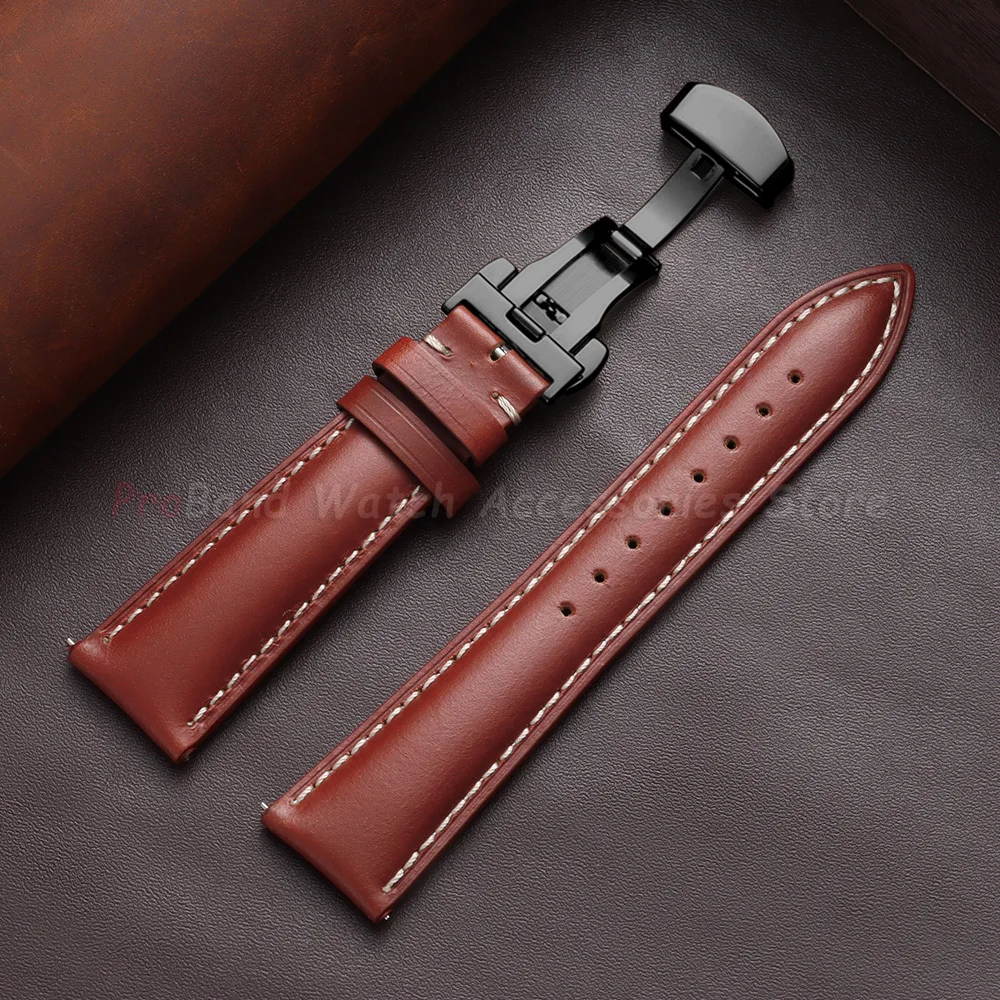 Vintage Brown Oil Wax Leather Watch Strap with Butterfly Buckle - Men's Accessory