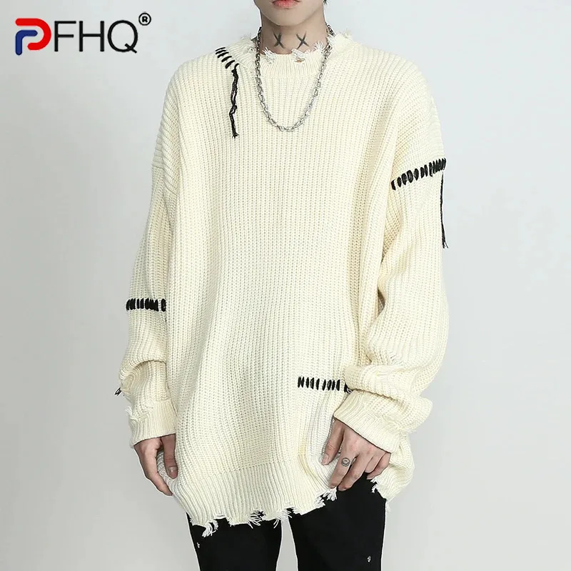 

PFHQ Niche Design Stitched Sweater For Men's American Knit Worn Out Loose Original Comfortable Pullovers Autumn Winter 21Z3589