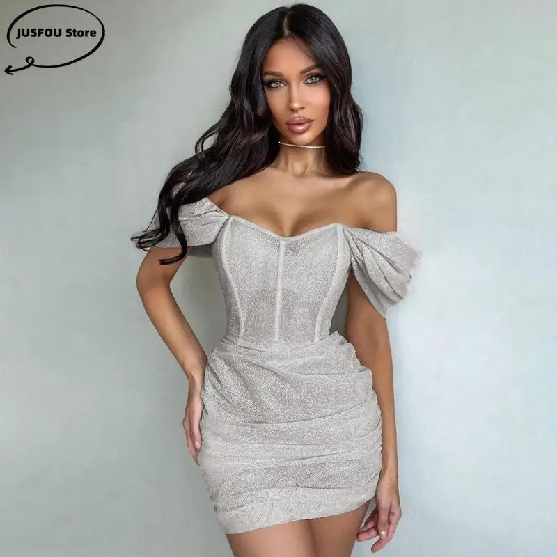 

Elegant Off Shoulder Dress Women Sequin Bodycon Mini Dress Female Sexy Clothing Corset Ruched Prom Clubwear Elastic Dress