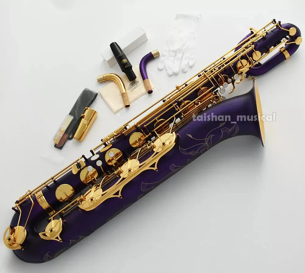 perfect Matte purple Baritone Saxophone Low A Gold Bell 2Necks