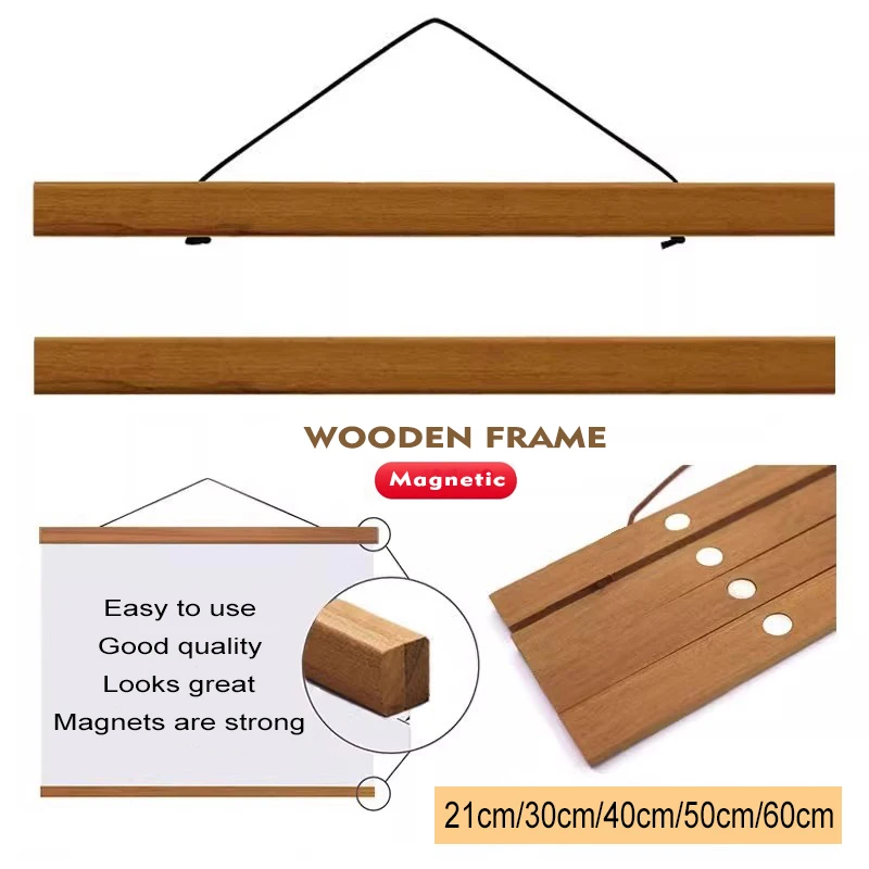 60cm Magnetic Poster Frames Hanger Wooden Hanging Frame Picture Painting Poster Holder Natural Teak Photos Scroll Wall Art Decor