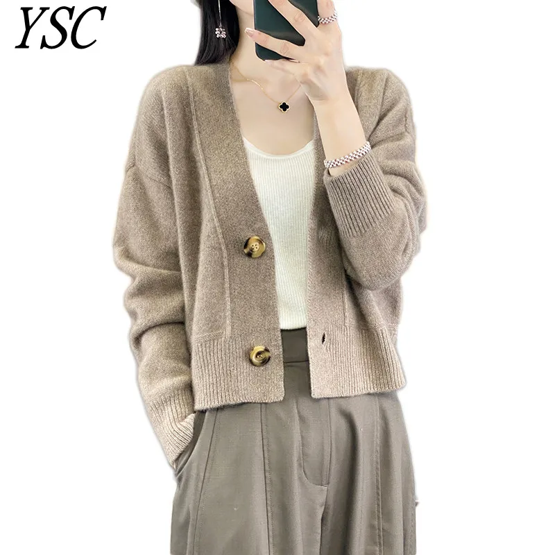 

YSC 2024 New models Women Knitted 100% pure Wool Cardigan V-neck Long sleeved High-quality Loose fitting Cardigan