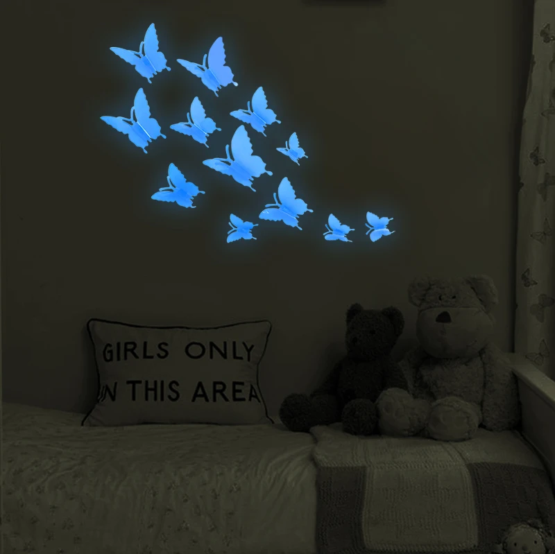 24/12Pcs Glow in the dark Wall Stickers 3d Solid Colours Luminous Butterfly Sticker Decorations for Home Kids Room Decor