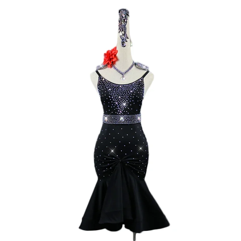 

Sparkly Rhinestones Latin Dance Dresses For Women Black RedSexy Salsa Fringe Skirt Evening Dress Ballroom Competition Clothes
