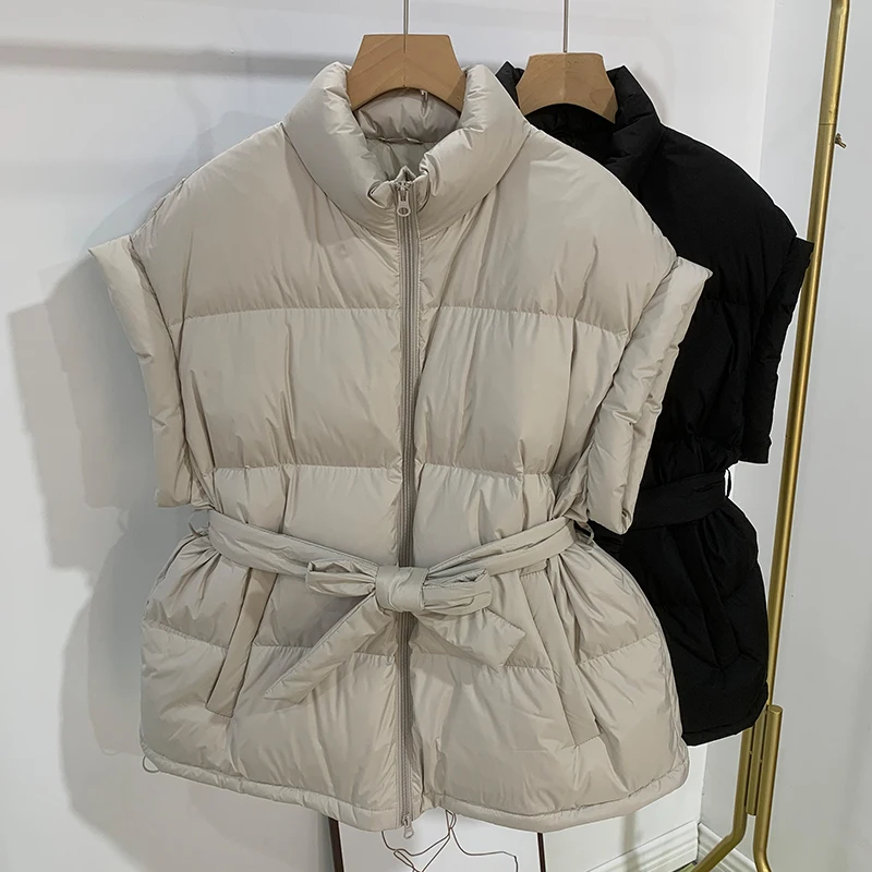 

White Duck Down tie Overcoat Sleeveless Vest Down Jacket Women's Winter Coat 2022 Puffer Jacket