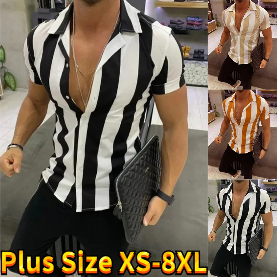 

2023 Casual Short-sleeved Shirt New Men's Top Lapel Men's 3d Stripe Print Top Summer Street Button Fashion Men's Shirt
