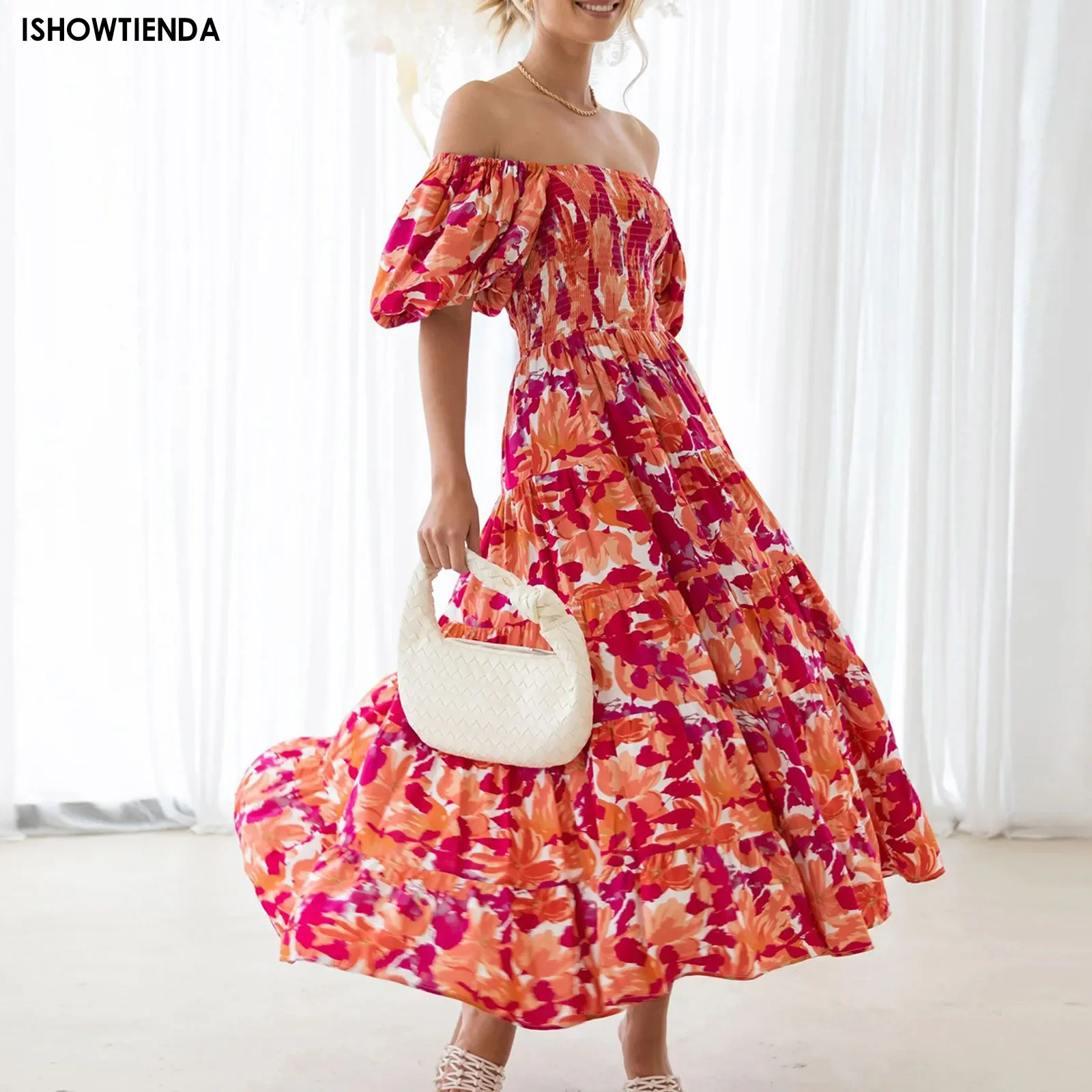 

2024 Summer Women's Temperament Commuting Slim Fit Printing Sexy Hollow Off-shoulder Maxi Evening Party Beach Long Dresses