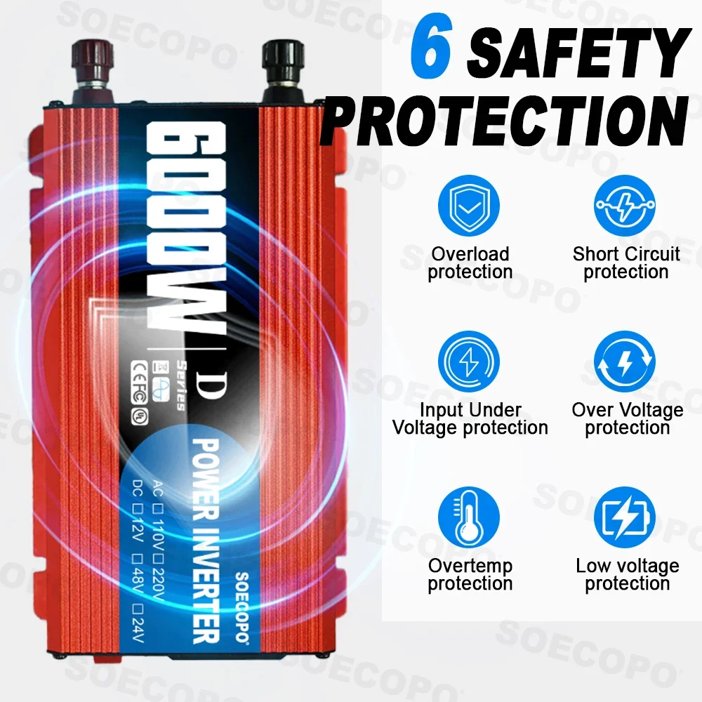 6000W Portable Smart Inverter 12V/24V/48V to 110V/220V AC with USB Port & Alligator Clamps for RVs Trucks Worldwide CE Certified