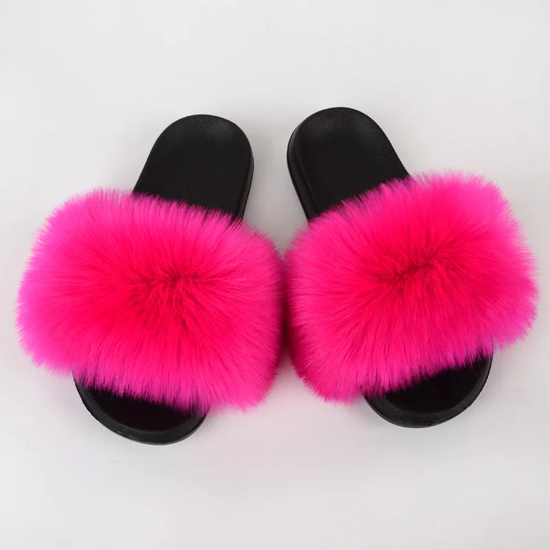Children Slides Faux Fox Fur Slippers Kids Fluffy Raccoon Sandals Fashion Furry Home Flat Flip Flops Baby Girls Cute Plush Shoes 3