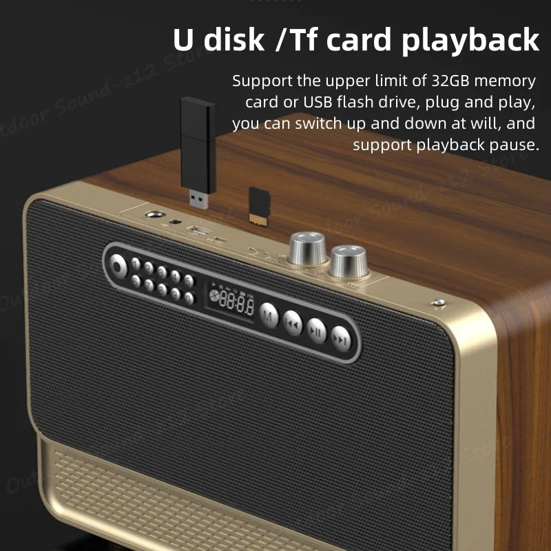 Vintage Wooden Desktop Bluetooth Speaker Wireless Card Subwoofer Home Stereo FM Radio Digital Song Support With USB TF Card Slot