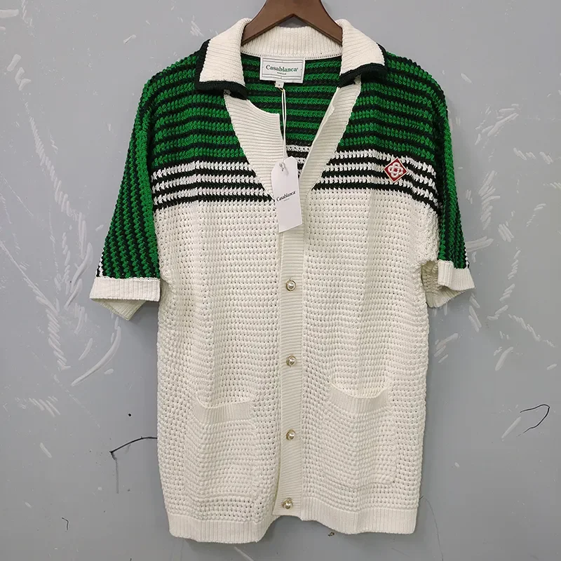 

GYM Green Casablanca Knitted Cardigan Stripe Embroidery Hollow out Pearl Button 1:1 Men's and Women's Sweater Sweater
