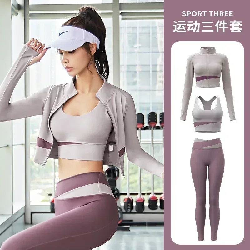 Women Yoga Patchwork 3 Piece Fitness Gym Set Jackets + Leggings Workout Running Sportswear Sports Outfit