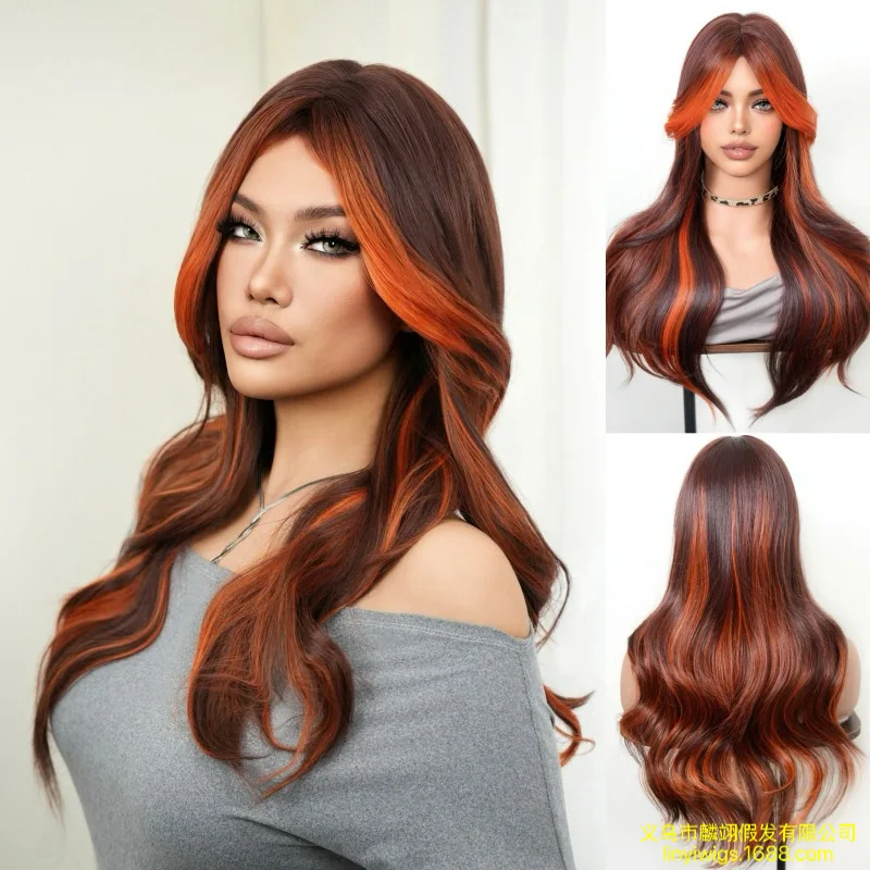 Paris Painting Dye Fashion for Women with Bangs, Full Head Wig, Flame Orange Highlights, Colorful Long Curly Hair
