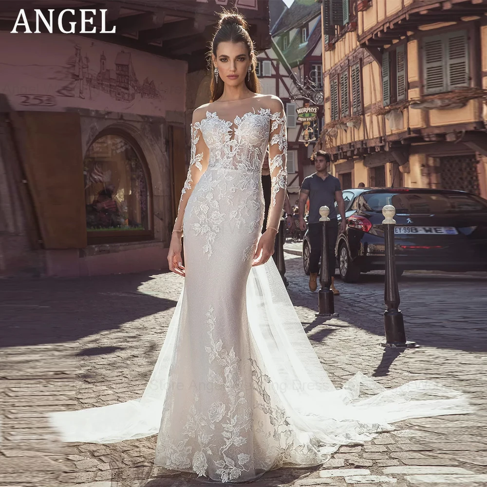 

ANGEL Mermaid Lace Wedding Dresses Long Sleeves Illusion Back Bride Gowns Lace Applique Scoop Tulle Suknia ślubna 2024 civil