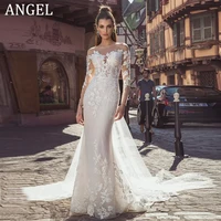ANGEL Mermaid Lace Wedding Dresses Customized Illusion Back Long Bride Gowns Lace Applique Scoop Tulle Suknia ślubna 2025 civil 1