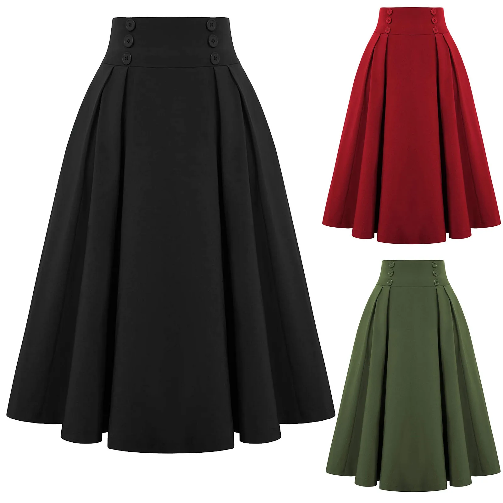 2022 Autumn Long Skirt Women Fashion Casual Midi Skirt With Pockets Vintage High Waist Pleated Skirt Black Jupe Longue Femme loose dress v neck a line pleated summer dress with soft pockets for women solid color mid calf length beach midi dress loose