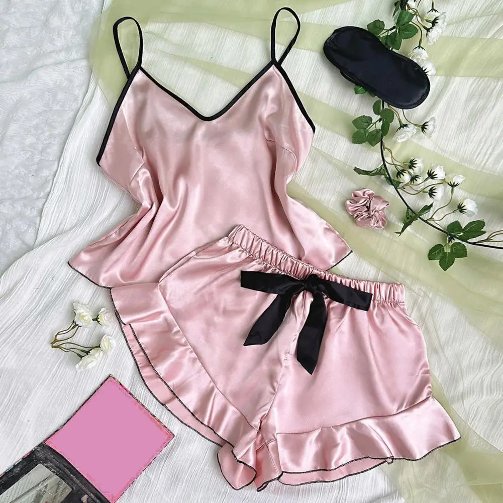 2 Pcs/Set Women Pajamas Set Satin Spaghetti Strap Sleeveless Backless V Neck Top Elastic Waist Ruffle Pleated Bow Decor Shorts women pajamas set women pajama suit