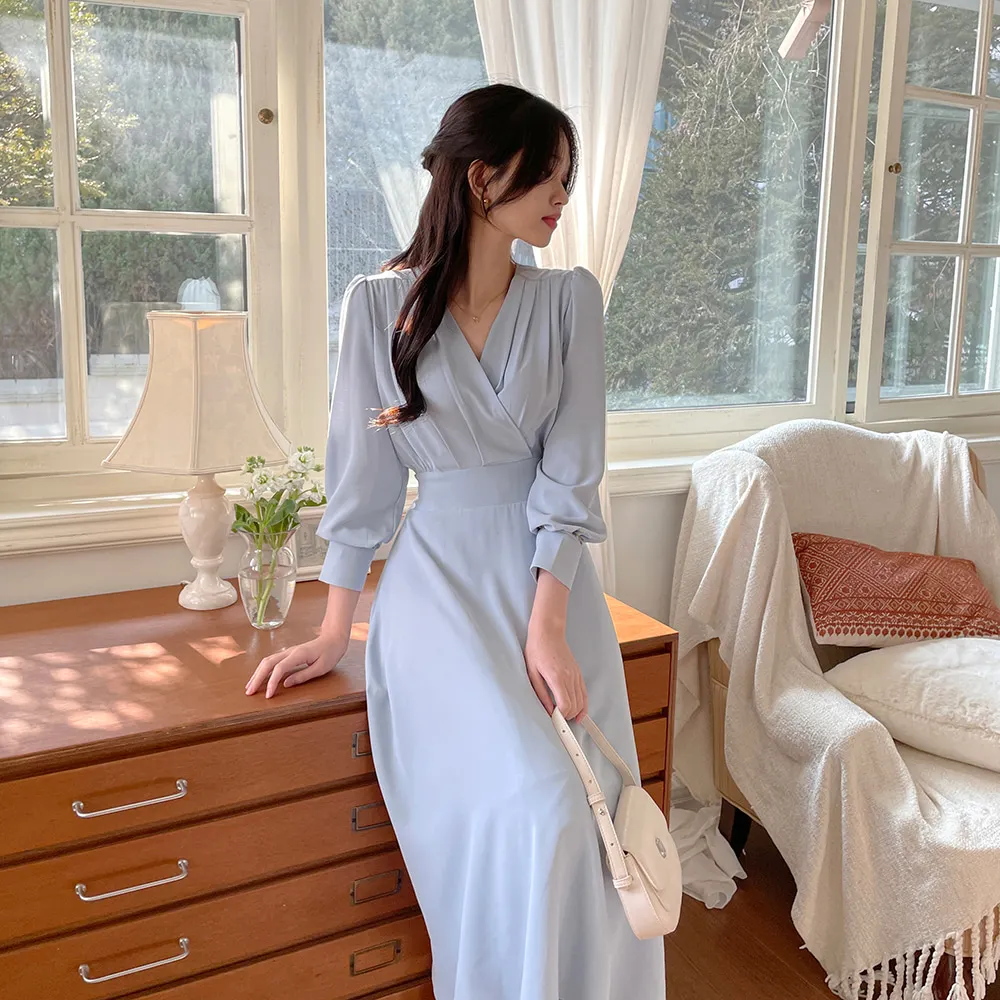 Korean Fashion Autumn Midi Dresses for Women Long Sleeves V-neck A-line Solid Casual Dress Office Lady Clothing New